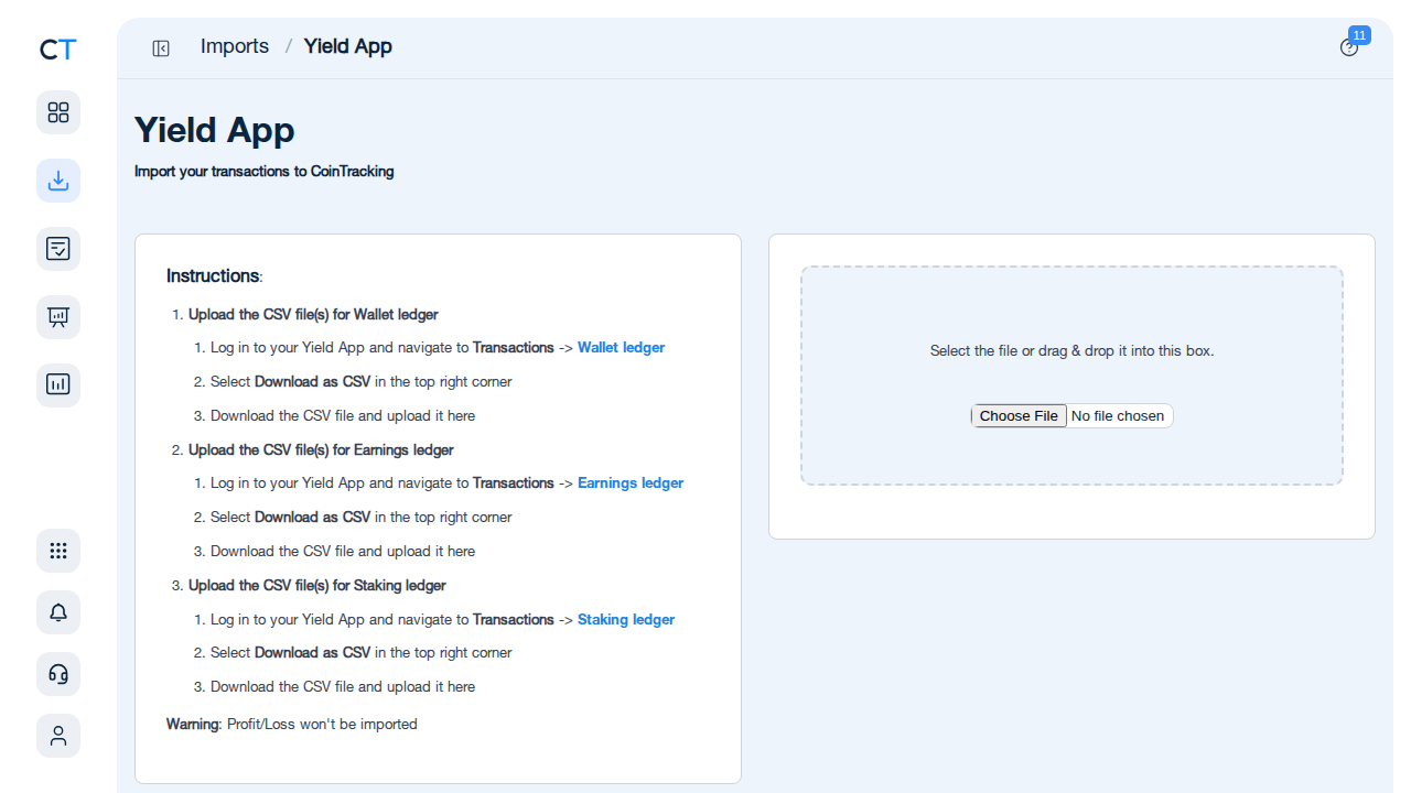 Yield App Import-Seite in CoinTracking mit CSV-Upload-Feld