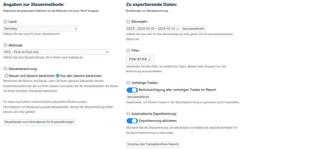 CoinTracking – Steuermethode und Exportoptionen wählen