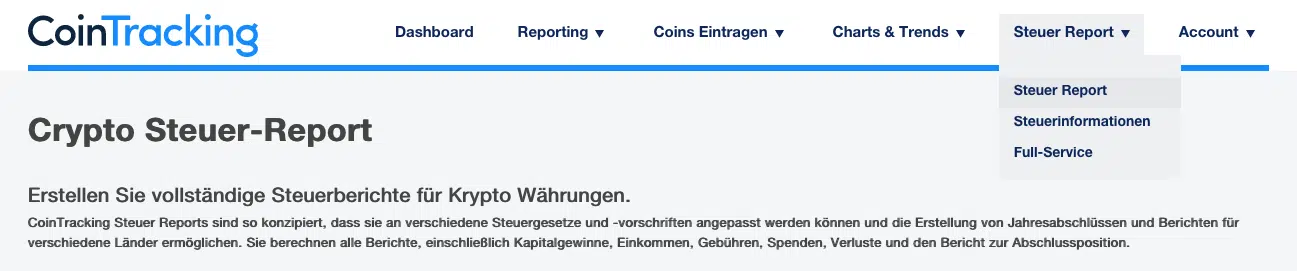 CoinTracking Steuer Report Menü