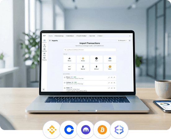 Importación de transacciones en CoinTracking en portátil con iconos de exchanges