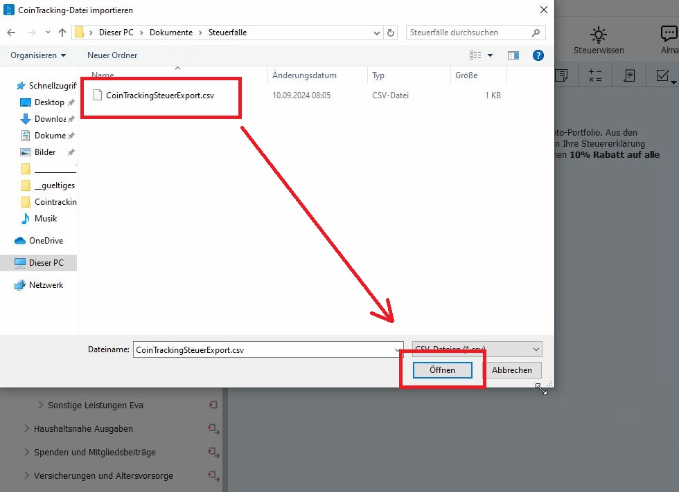 CoinTracking Datei auswählen - SteuerSparErklärung