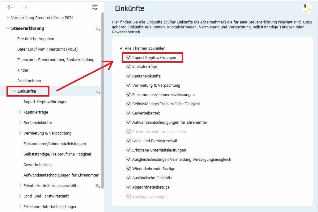 Einkünfte Übersicht Themenfilter - SteuerSparErklärung x CoinTracking