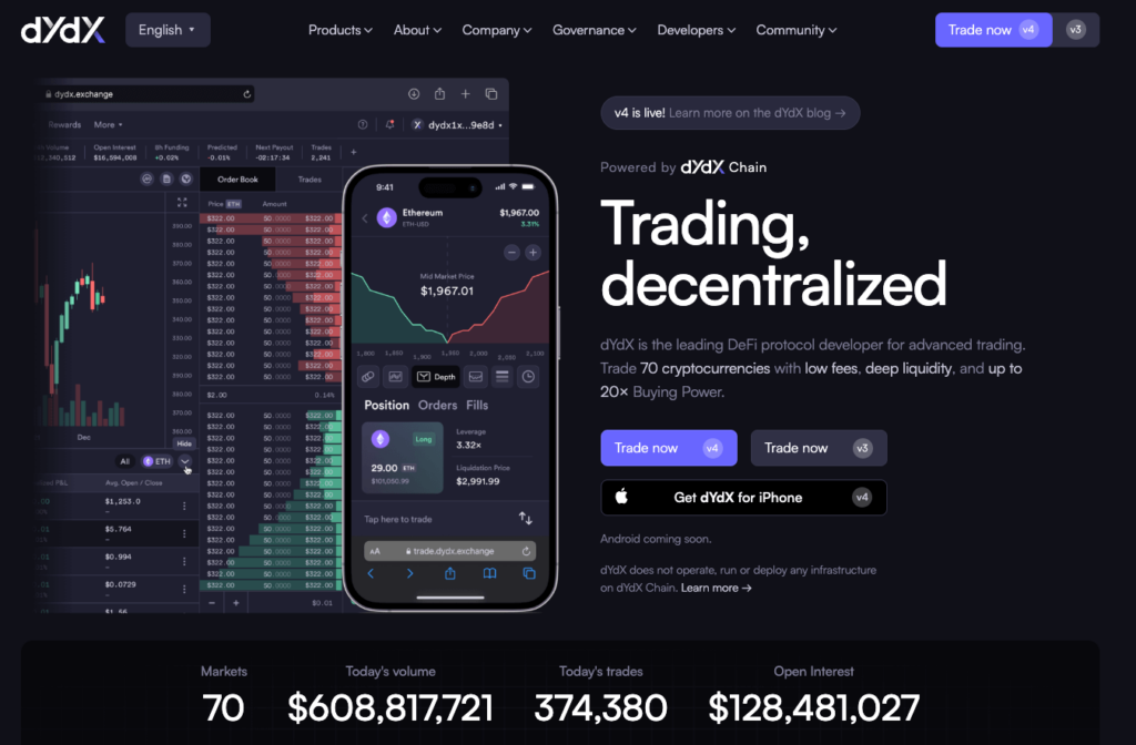 DYDX Crypto Exchange Homepage