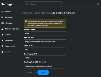 Metis to Metamask