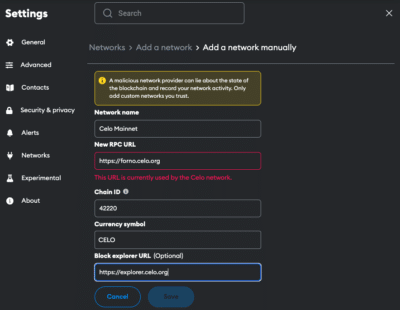 Celo to Metamask